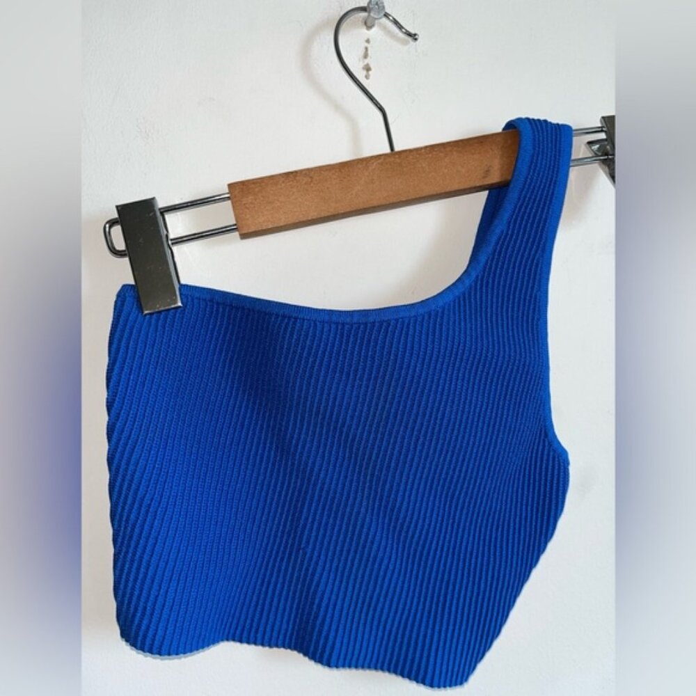 Aritzia Babaton Blue Ribbed Knit Sculpted One Shoulder Top